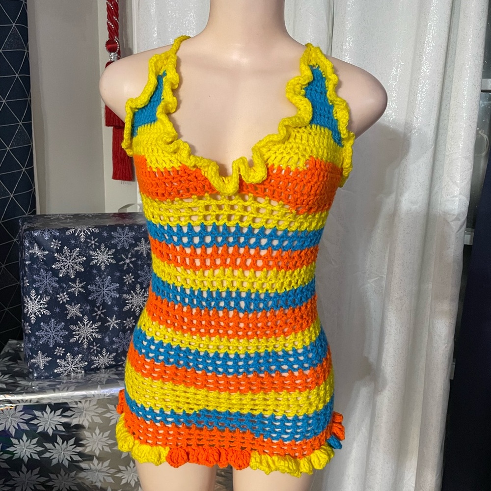 Colorful Crochet Striped Dress Swim suit cover yet Beach adjustable small medium